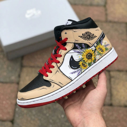 Custom Air Jordan 1 Tan Black Sunflower Design