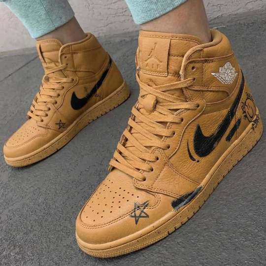 Custom Air Jordan 1 Tan Graffiti Design