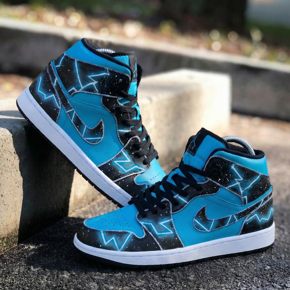 Custom Air Jordan 1 Teal Black Star Pattern
