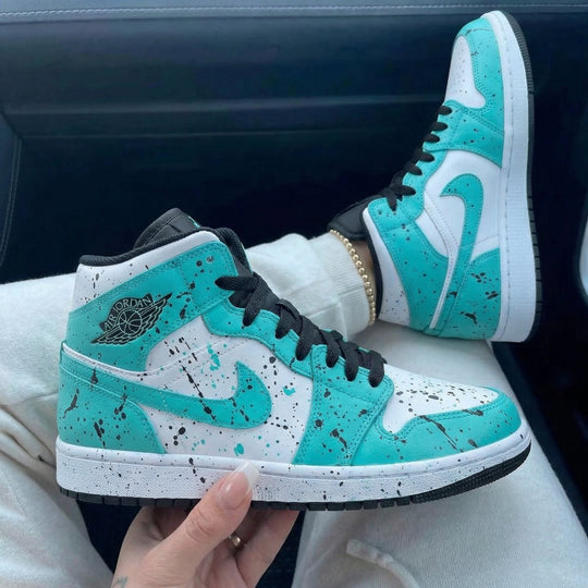 Custom Air Jordan 1 Teal White Splatter Design
