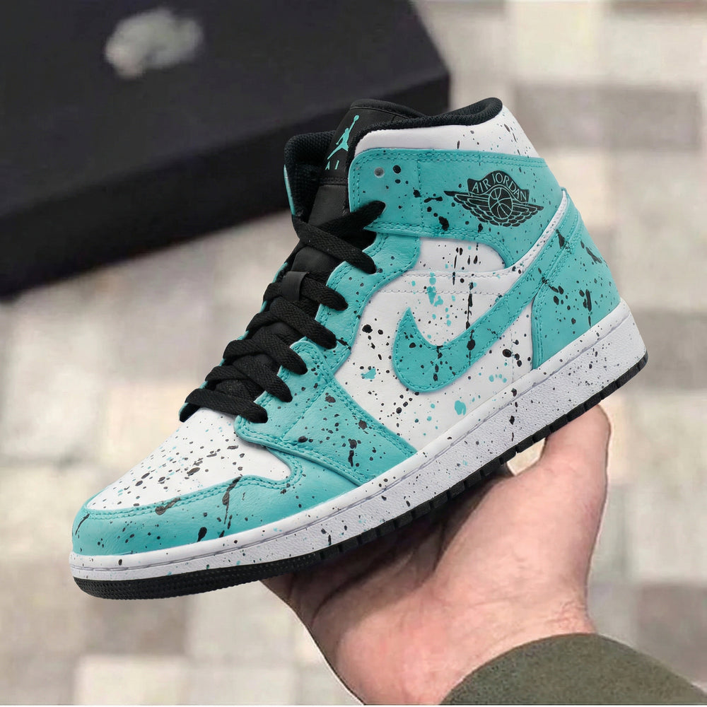 Custom Air Jordan 1 Teal White Splatter Design