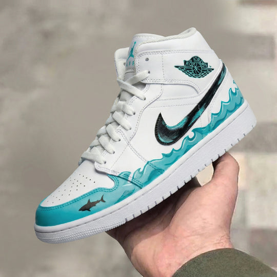 Custom Air Jordan 1 Turquoise Black Waves Shark