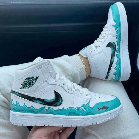Custom Air Jordan 1 Turquoise Black Waves Shark