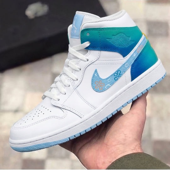 Custom Air Jordan 1 Turquoise Blue Baby Blue Spongebob Flowers