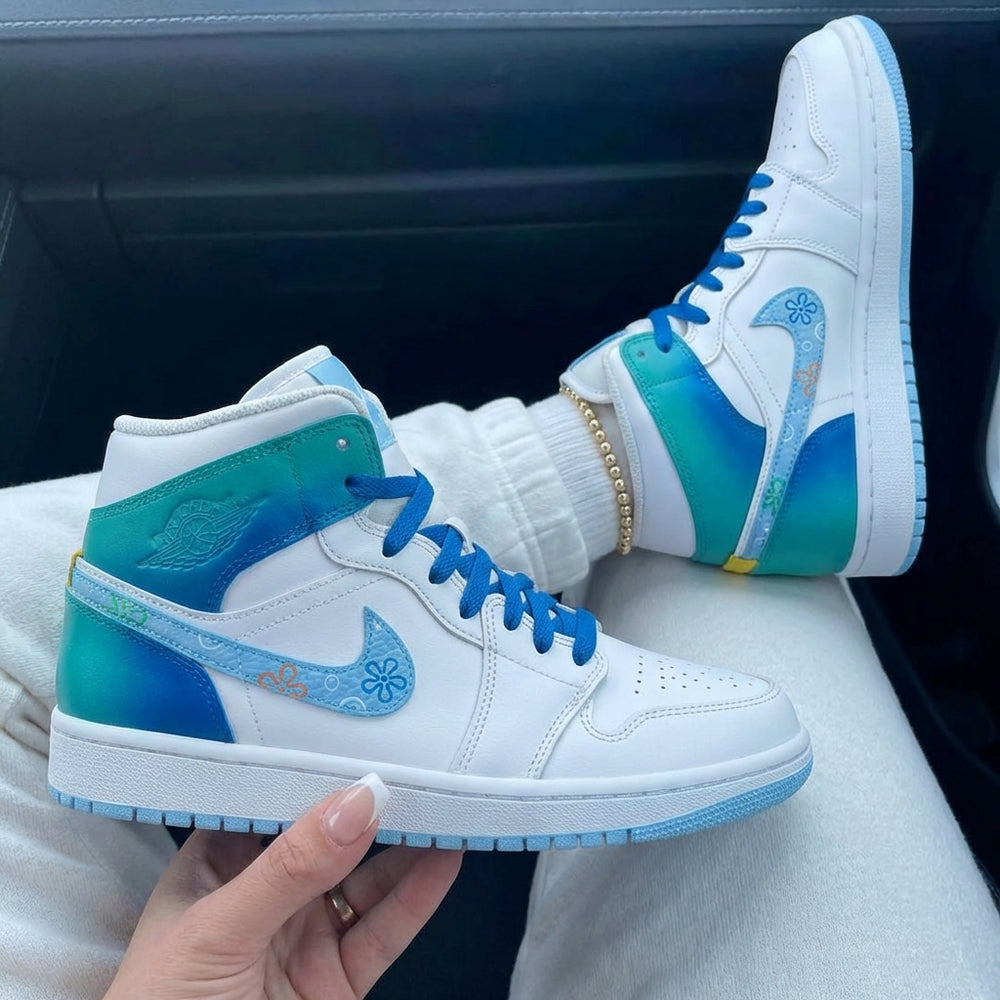 Custom Air Jordan 1 Turquoise Blue Baby Blue Spongebob Flowers