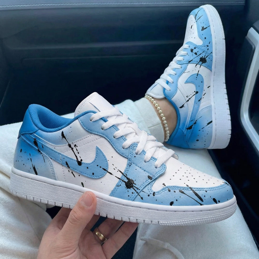 Custom Air Jordan 1 White Baby Blue Black Paint Splatter