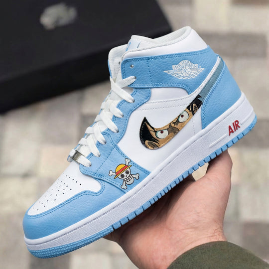 Custom Air Jordan 1 White Baby Blue Monkey D Luffy One Piece Skull