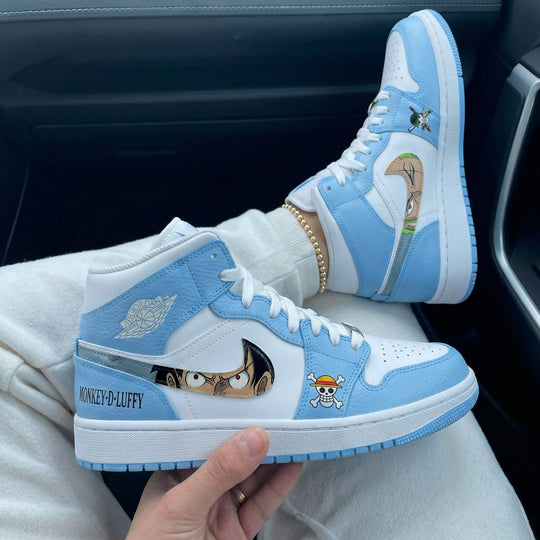 Custom Air Jordan 1 White Baby Blue Monkey D Luffy One Piece Skull