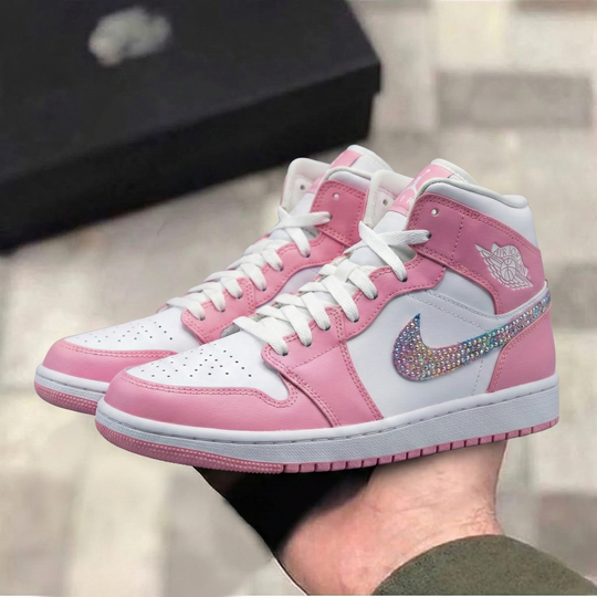 Custom Air Jordan 1 White Baby Pink Rainbow Rhinestone Swoosh