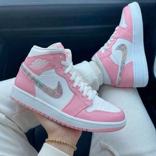 Custom Air Jordan 1 White Baby Pink Rainbow Rhinestone Swoosh