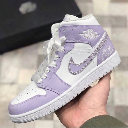 Custom Air Jordan 1 White Baby Purple Rhinestones Pearls Satin Laces Heart Script