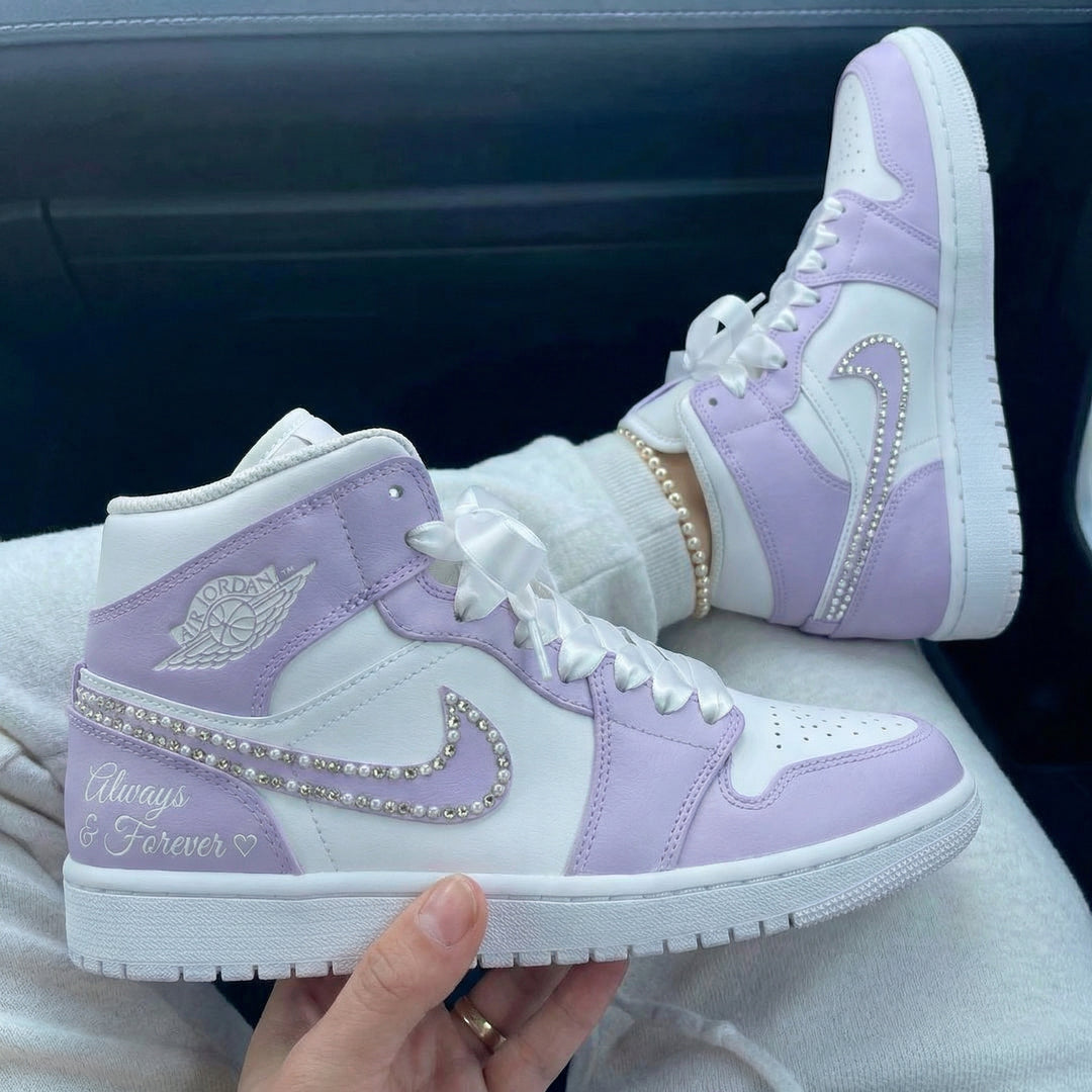 Custom Air Jordan 1 White Baby Purple Rhinestones Pearls Satin Laces Heart Script