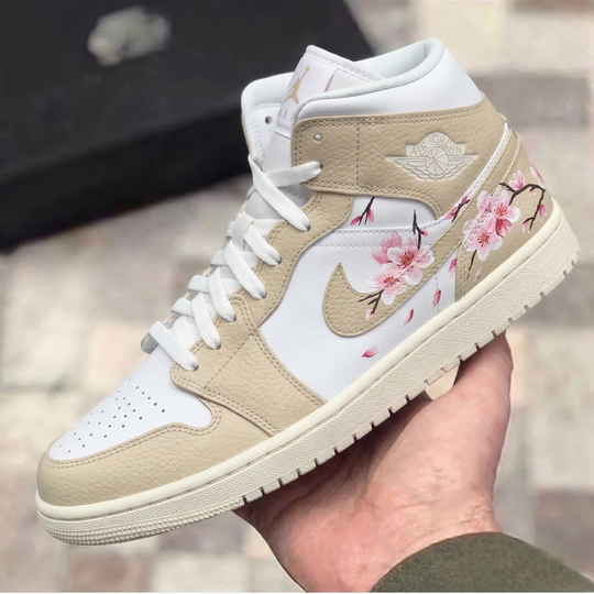 Custom Air Jordan 1 White Beige Cherry Blossoms