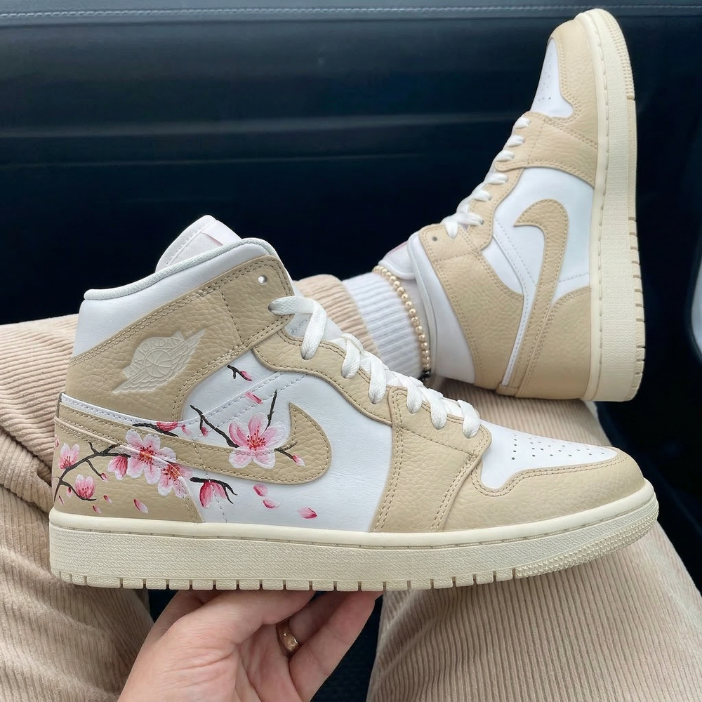 Custom Air Jordan 1 White Beige Cherry Blossoms