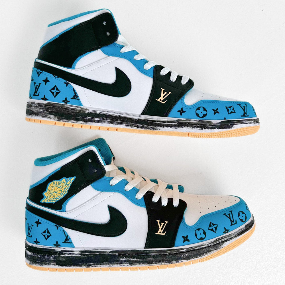 Custom Air Jordan 1 White Black and Blue With LV Patterns 