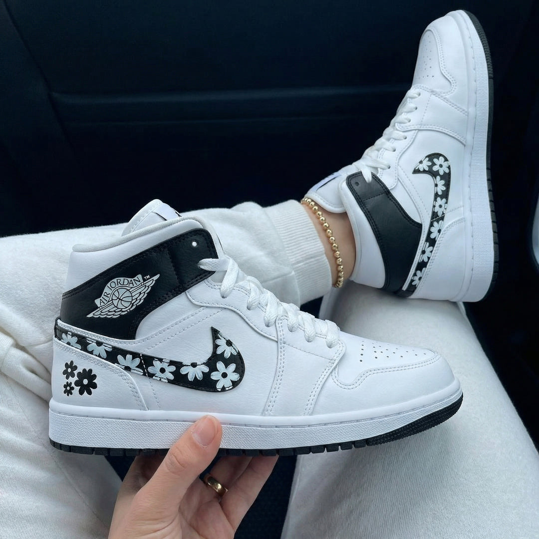 Custom Air Jordan 1 White Black Daisies