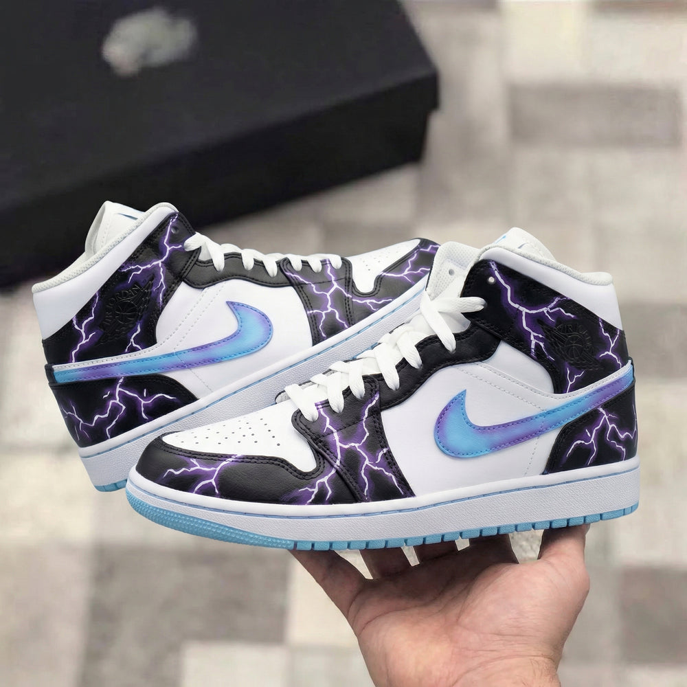 Custom Air Jordan 1 White Black Purple Lightning Pattern