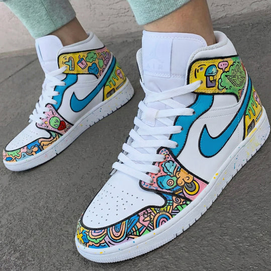 Custom Air Jordan 1 White Blue Cartoon Graffiti