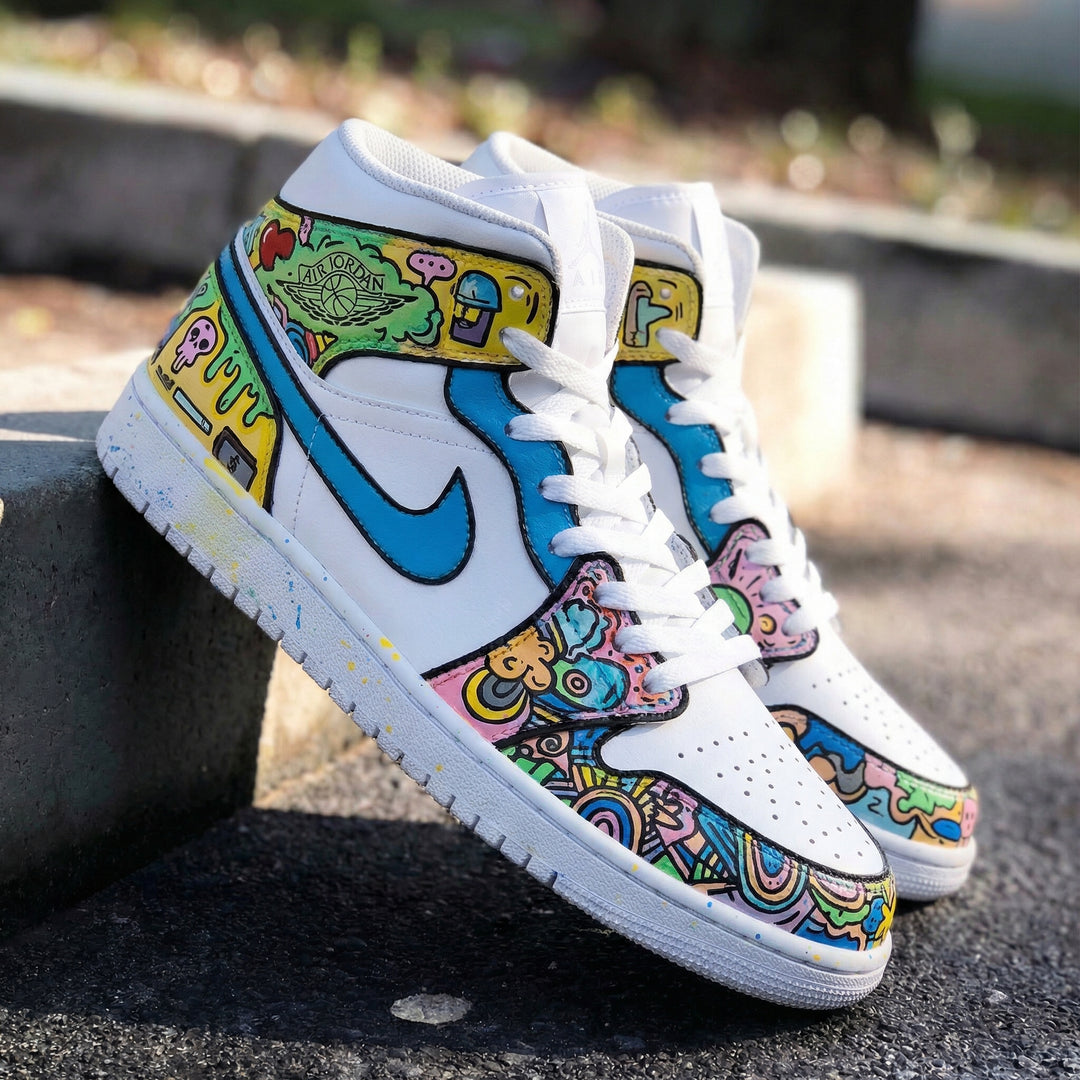 Custom Air Jordan 1 White Blue Cartoon Graffiti