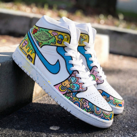 Custom Air Jordan 1 White Blue Cartoon Graffiti