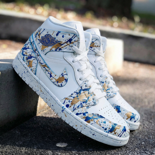 Custom Air Jordan 1 White Blue Gold Splatter Design