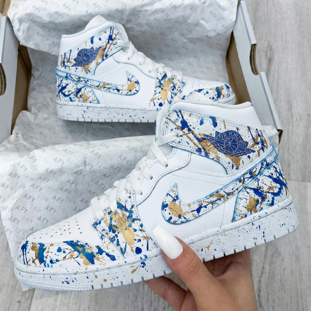 Custom Air Jordan 1 White Blue Gold Splatter Design
