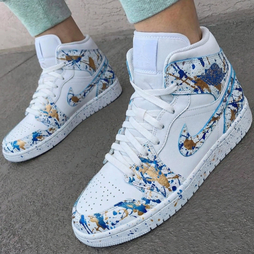 Custom Air Jordan 1 White Blue Gold Splatter Design