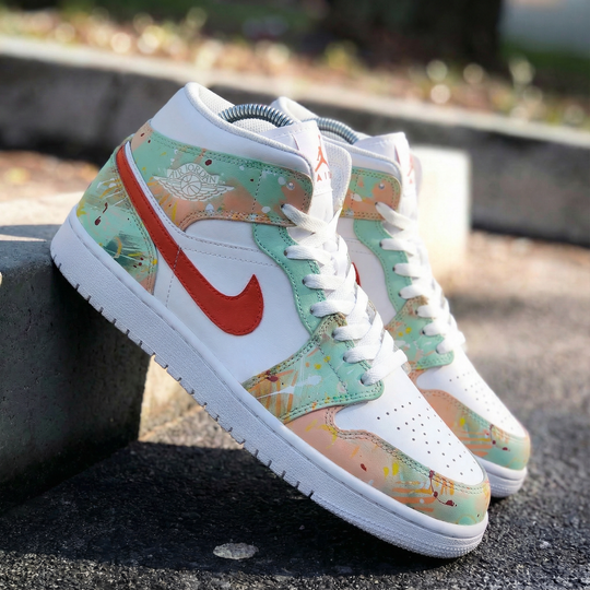 Custom Air Jordan 1 White Coral Mint Abstract Painting
