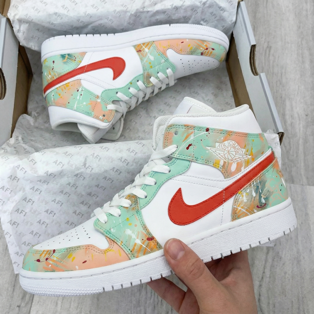 Custom Air Jordan 1 White Coral Mint Abstract Painting