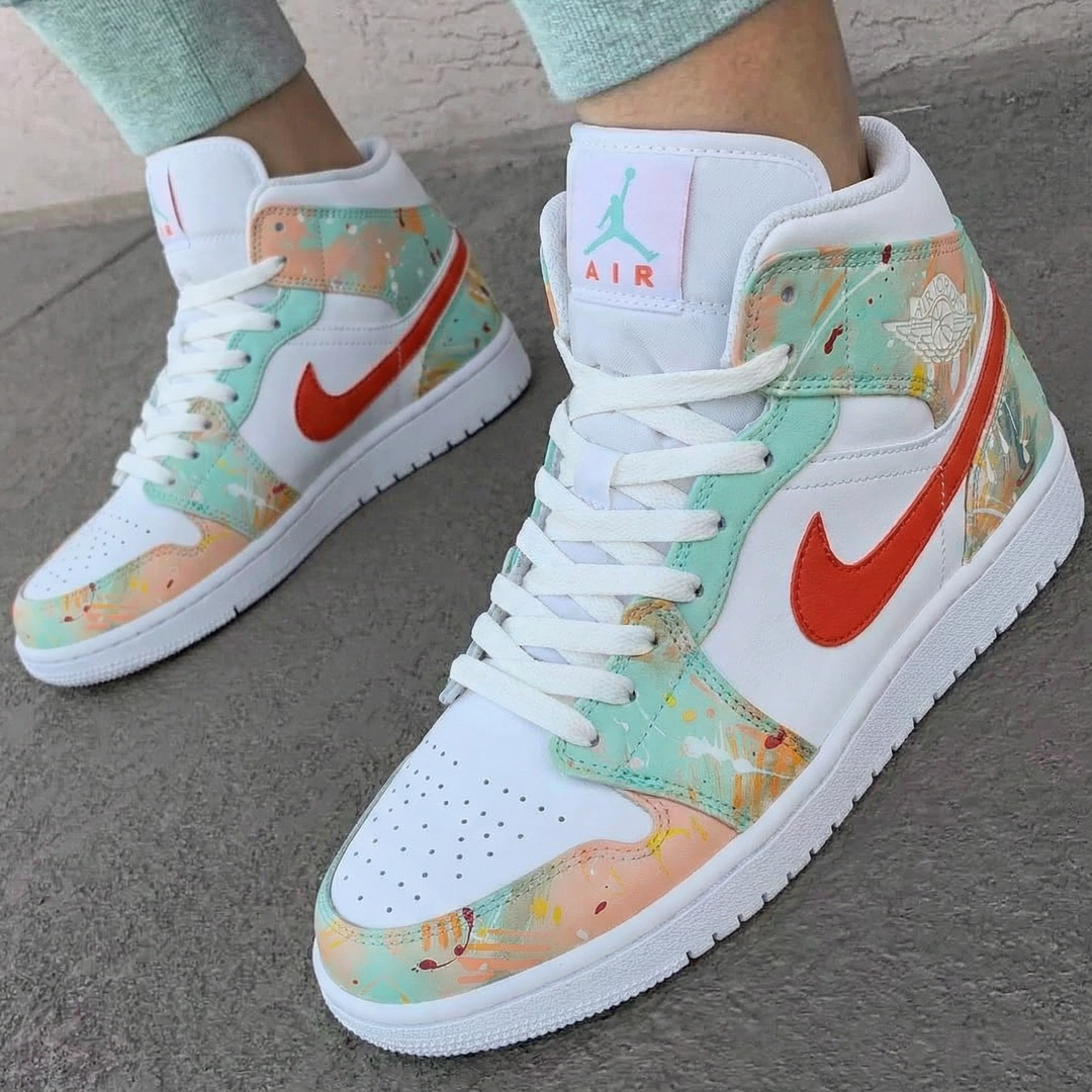 Custom Air Jordan 1 White Coral Mint Abstract Painting