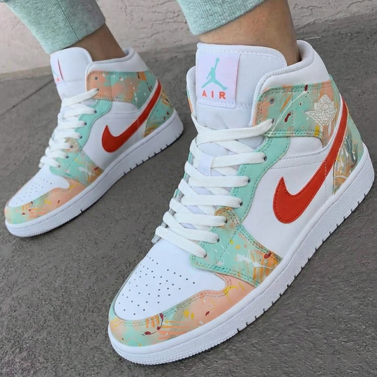 Custom Air Jordan 1 White Coral Mint Abstract Painting
