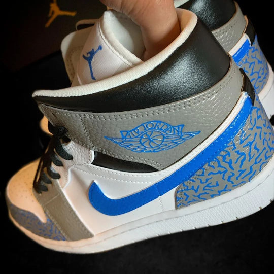 Custom Air Jordan 1 White Gray Blue Crackle Pattern