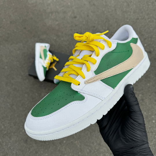 Custom Air Jordan 1 White Green With Yellow Laces And Beige Swoosh 