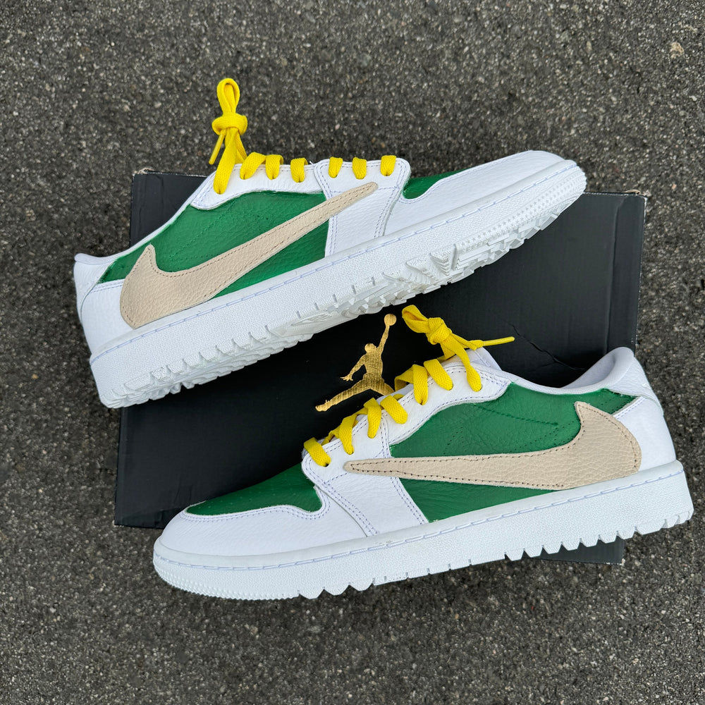 Custom Air Jordan 1 White Green With Yellow Laces And Beige Swoosh 