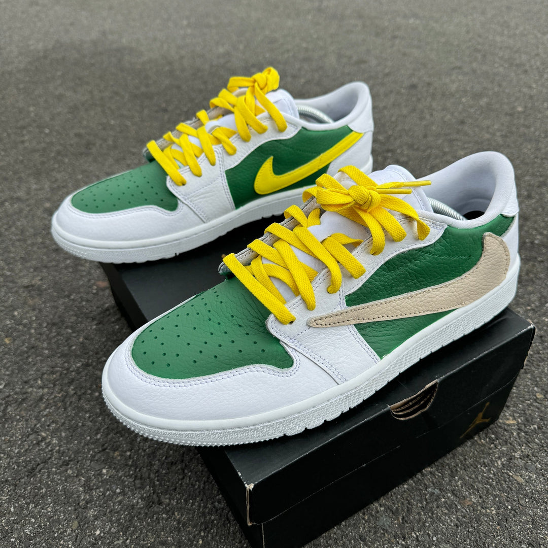 Custom Air Jordan 1 White Green With Yellow Laces And Beige Swoosh 
