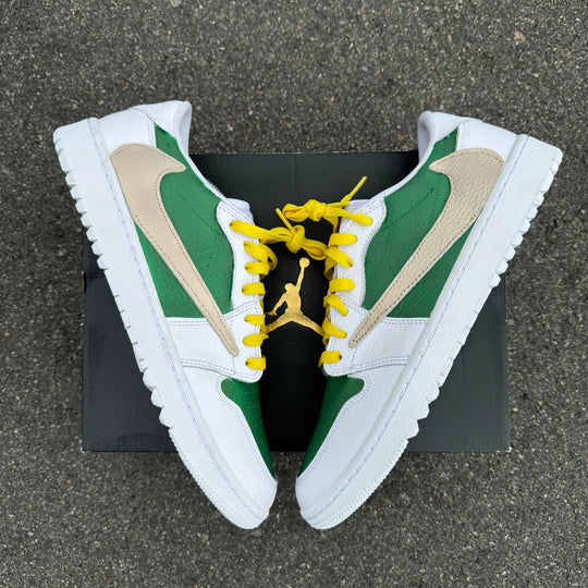 Custom Air Jordan 1 White Green With Yellow Laces And Beige Swoosh 