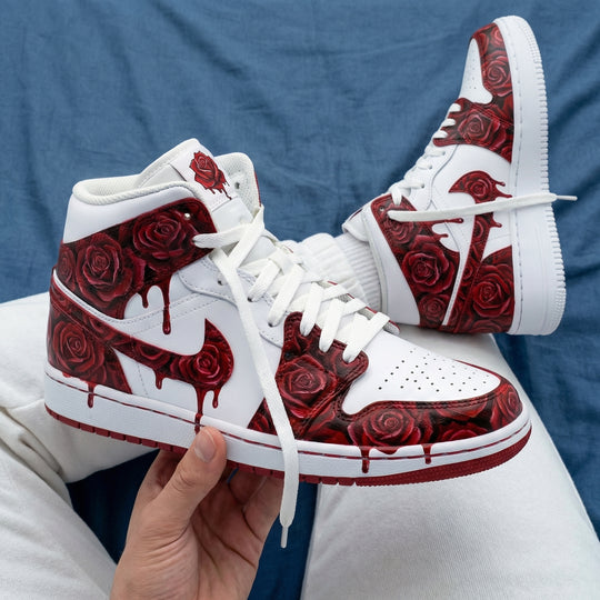 Custom Air Jordan 1 White Maroon Rose Pattern