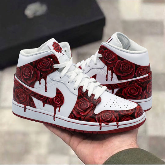 Custom Air Jordan 1 White Maroon Rose Pattern