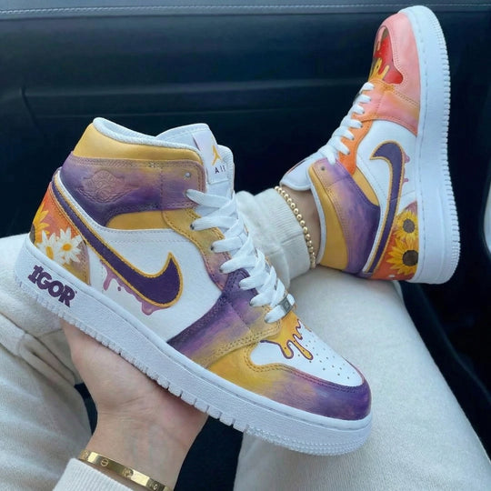 Custom Air Jordan 1 White Orange Purple with Sunflower Daisy Patterns