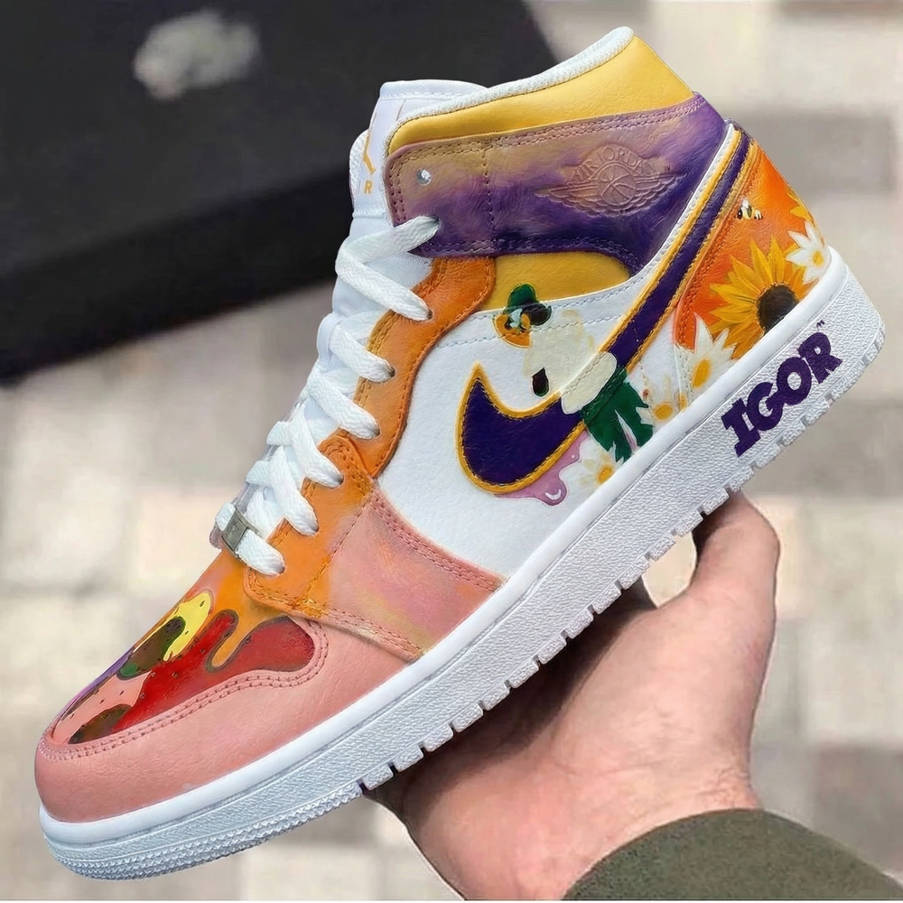 Custom Air Jordan 1 White Orange Purple with Sunflower Daisy Patterns