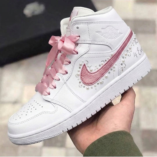 Custom Air Jordan 1 White Pink Pearls Pink Ribbon Laces Bow