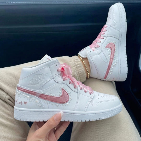 Custom Air Jordan 1 White Pink Pearls Pink Ribbon Laces Bow