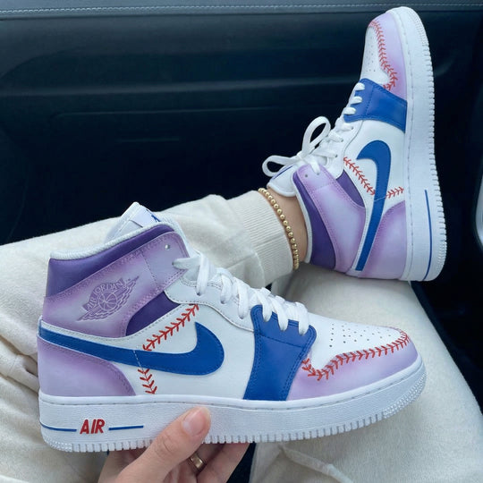 Custom Air Jordan 1 White Purple Blue Baseball Stitch Design