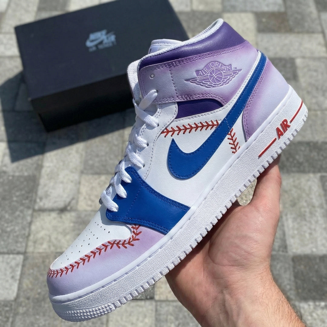 Custom Air Jordan 1 White Purple Blue Baseball Stitch Design