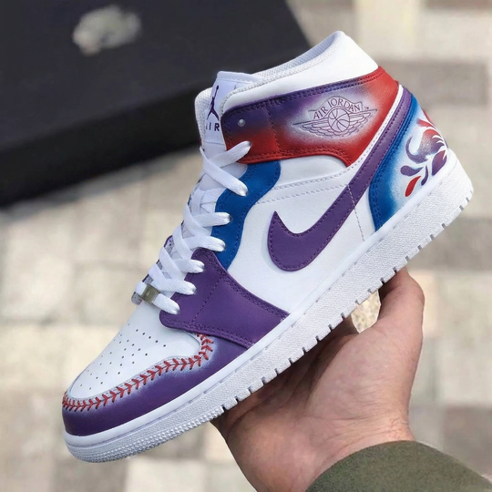 Custom Air Jordan 1 White Purple Blue Baseball Stitch Pattern