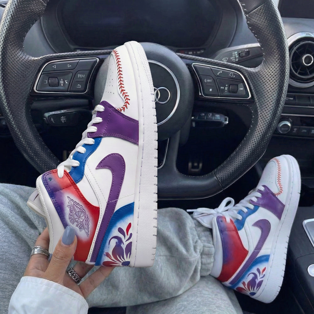 Custom Air Jordan 1 White Purple Blue Baseball Stitch Pattern
