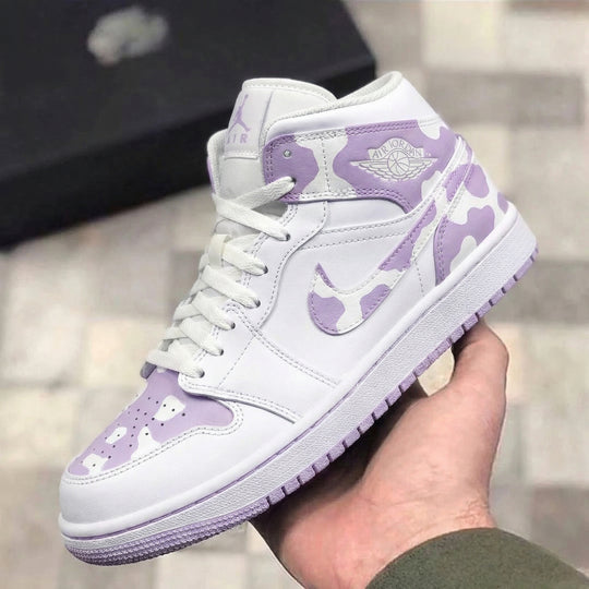 Custom Air Jordan 1 White Purple Cow Print