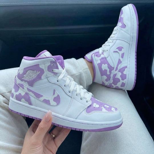Custom Air Jordan 1 White Purple Cow Print