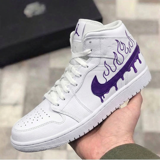 Custom Air Jordan 1 White Purple Flame Drip Swoosh