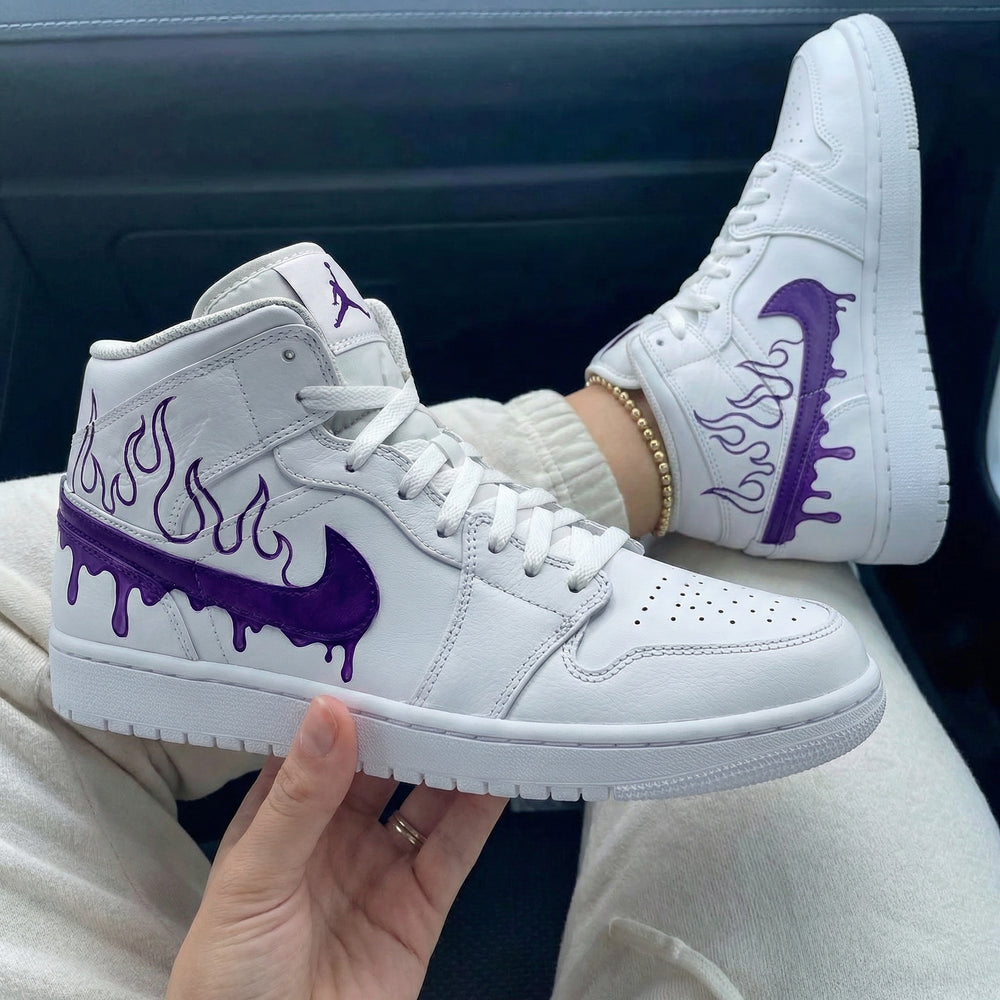 Custom Air Jordan 1 White Purple Flame Drip Swoosh